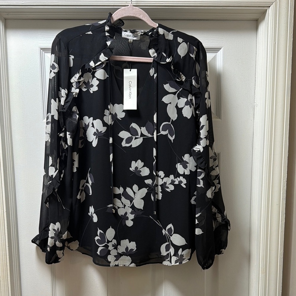 Calvin Klein Black & White Floral Tie-Front Blouse